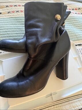 Tory Burch Black Leather Mid-Calf Block Heel Boots